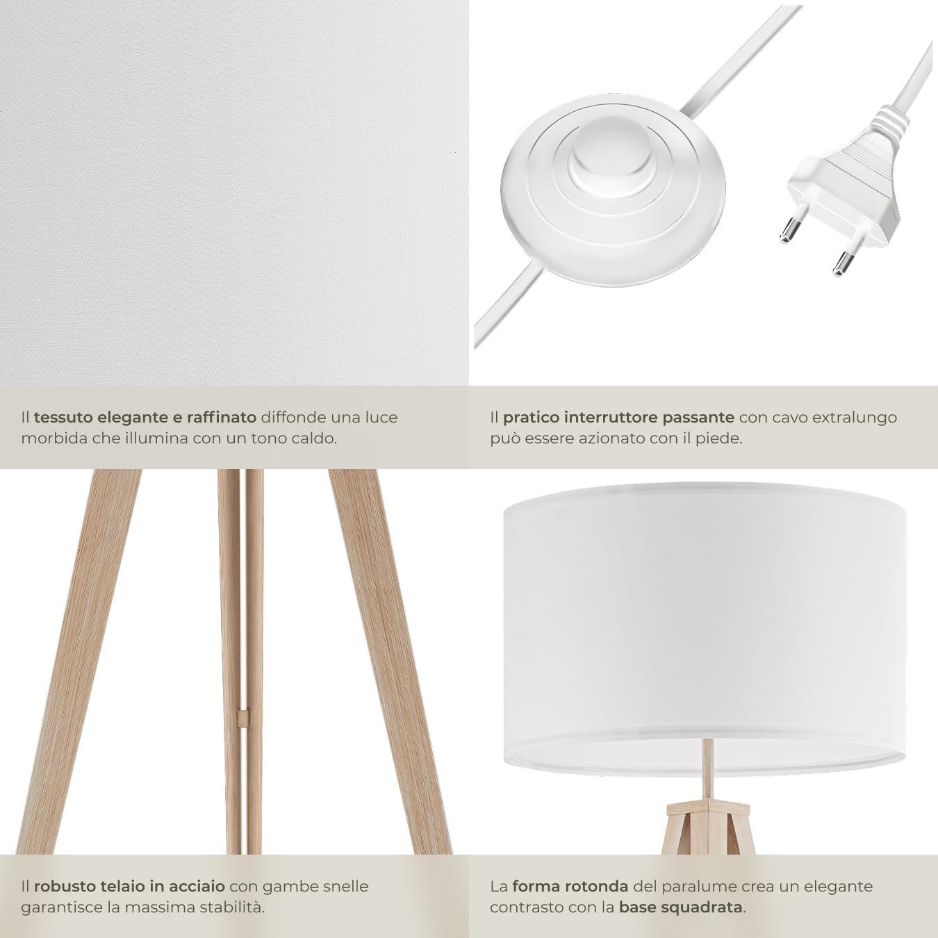 tectake® Lampada da Terra con Paralume in Tessuto Effetto Lino, Lampada con Treppiede Robusto in Acciaio, Luce Salotto con Interruttore a Pedale, Piantana Design Moderno - Rovere