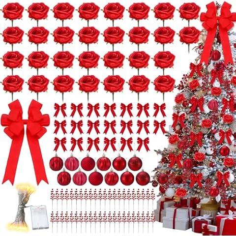 Duraaamo 134 Pcs Rose Christmas Tree Decoration Rose Decorations Set Include Faux Rose Artificial Berries Christmas Balls Ribbon Bows 16.4 ft 50 LED String Lights for Holiday Decor (Big) Cover