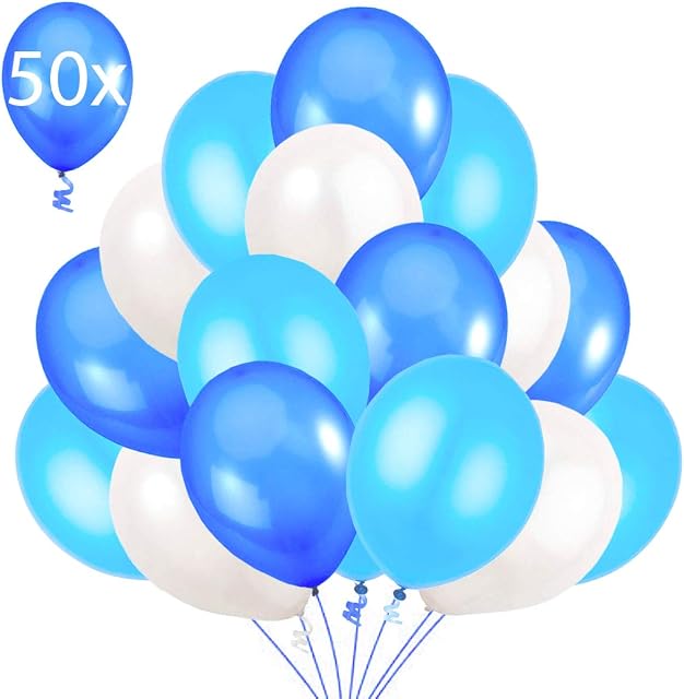 50 Balloons Blue White Light Blue, Premium Helium Balloons 14/36cm Thick Latex Balloons of 3,2g. Party Decorations and Accessories for Birthday and Baby Shower