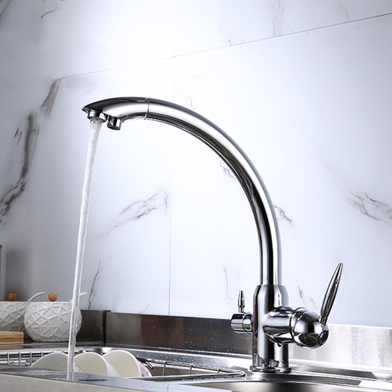 Grifo Cocina Fregadero de 3 Vías Osmosis Doble Palanca Caliente Y Fría Agua,Cromado