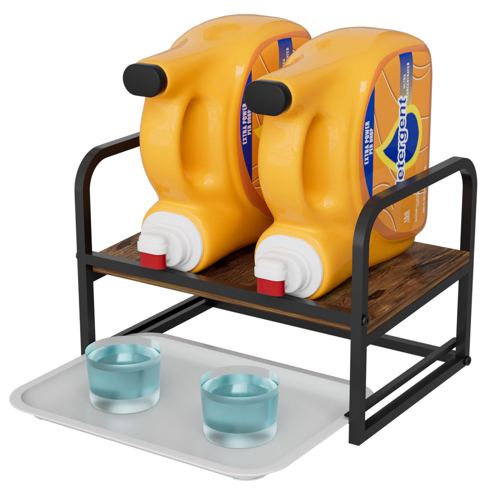 Soporte de madera para detergente para lavandería, dispensador de jabón de detergente líquido de lavandería con bandeja de goteo, para organización y almacenamiento de lavandería, color negro