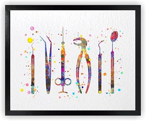 Dignovel Studios 8 x 10 sin marco dentista herramientas acuarela arte impresión cartel diente médico cirujano dental clínica instrumentos