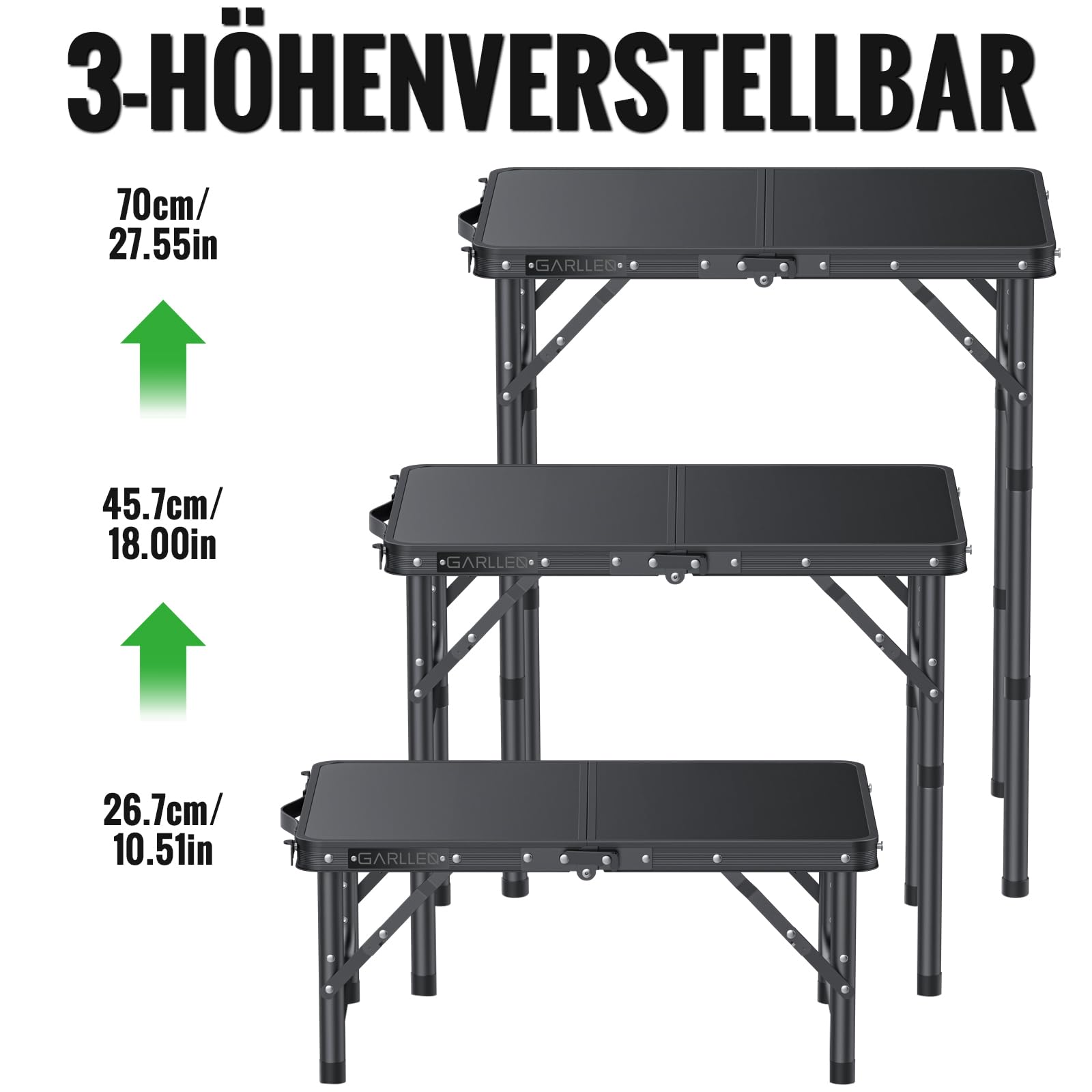 GARLLEN Campingtisch klappbar, 58x40cm & 3 einstellbare Höhen(26/48/70cm), Klapptisch Camping Tisch, Tragbar Beistelltisch Grilltisch Gartentisch Picknicktisch für Camping Picknick Garten (Schwarz)