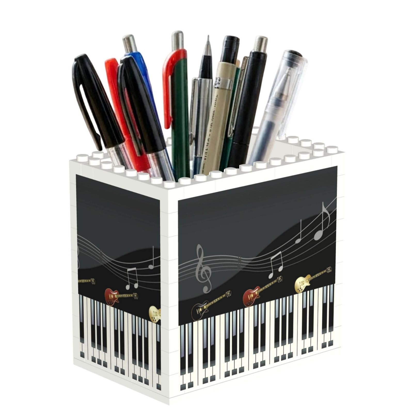 SATUSA Guitar Piano Pattern Print Building Block Texture Pen Holder - Pencil Holder For Desk Pen Organizer,Aesthetic Desk Accessories For Women(1pcs)
