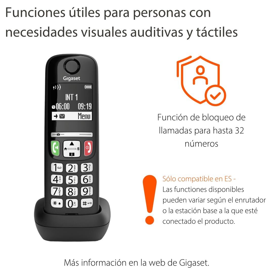 Gigaset E275 - Teléfono DECT Inalámbrico - Teclado Fácil de Usar - Compatible con audífonos - Teclado y Botones Grandes - Pantalla Gráfica en Blanco y Negro Iluminada, Negro [Versión Española] — view 2