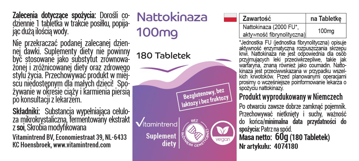 Vitamintrend Nattokinase 100mg, 180 tabletek po 100mg (21.800 FU/g), wysoka dawka, wegański, bez stearynianu magnezu, wyprodukowany w Niemczech