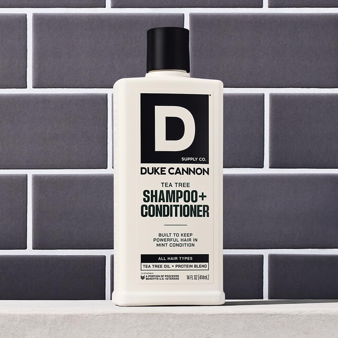 Duke Cannon Supply Co. 2-in-1 Hair Wash - Masculine Scent - Gentle Cleansing Hair Wash For Men - Stimulating Hair Shampoo & Conditioner - Strengthens Hair - Tea Tree & Midnight Swim - 2 Pack (14 oz)