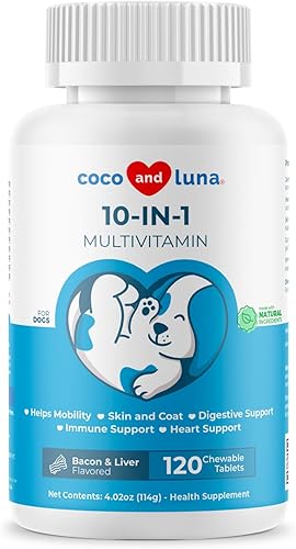 Multivitamínico 10 en 1 para perros - 120 comprimidos masticables - Soporte de cadera y articulaciones - Aceite de pescado Omega y vitaminas con