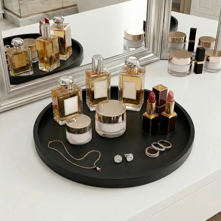 Vassoi decorativi in silicone, vassoio cosmetico da tavolo, vassoio decorativo da toeletta da 27 cm, rotondo antiscivolo, facile da pulire e infrangibile, per profumi, cosmetici (nero)