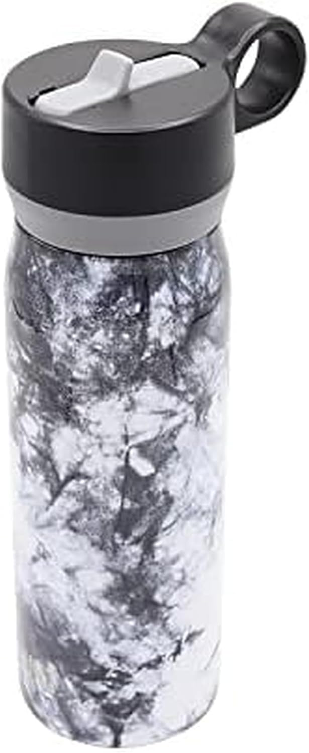 BUILT 20 Ounces Wide Mouth Cascade Double Wall Vacuum Insulated Stainless Steel Bottle with Straw Lid, Black and White Nightfall Tie Dye