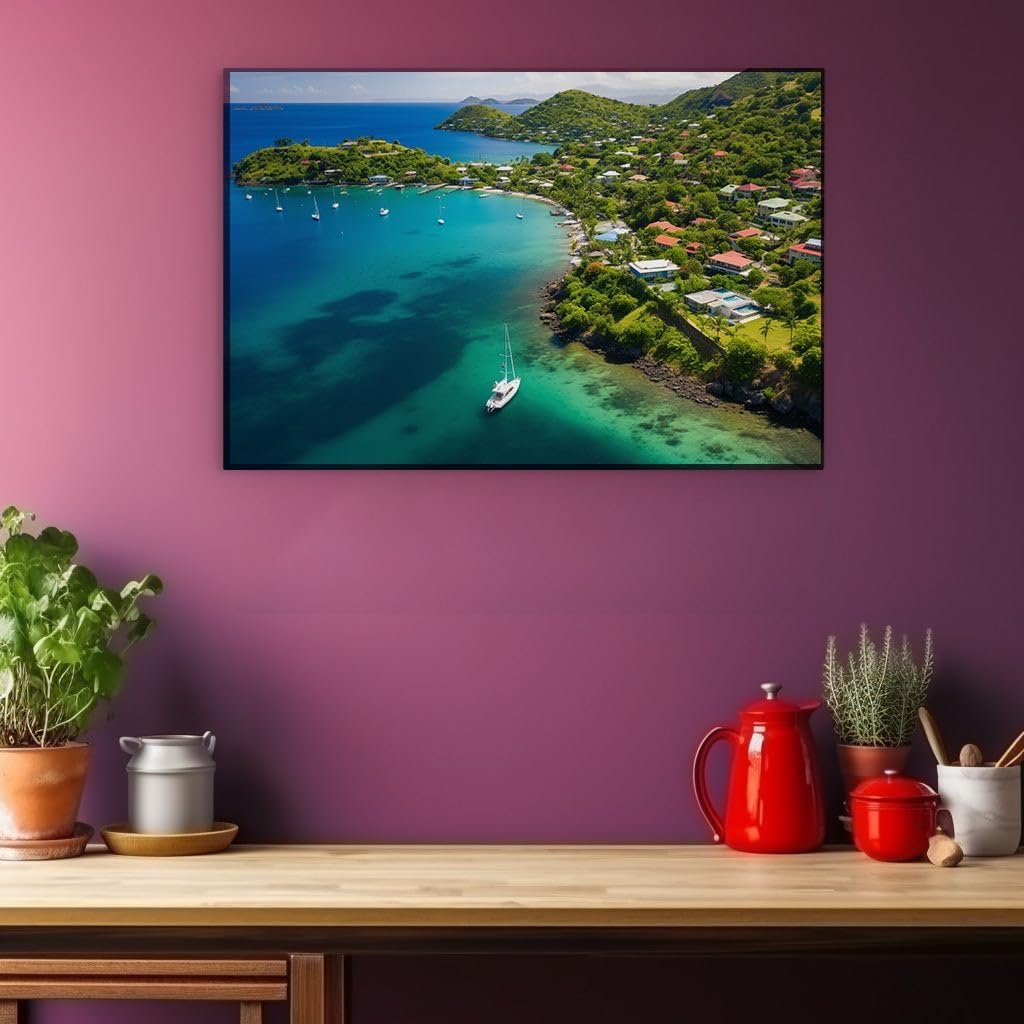Canvas for Living room. Idyllic Coastal Village Serenity - Where Nature Embraces the Sea, 27 x 18 inch Canvas Wall Art - Ready to Hang