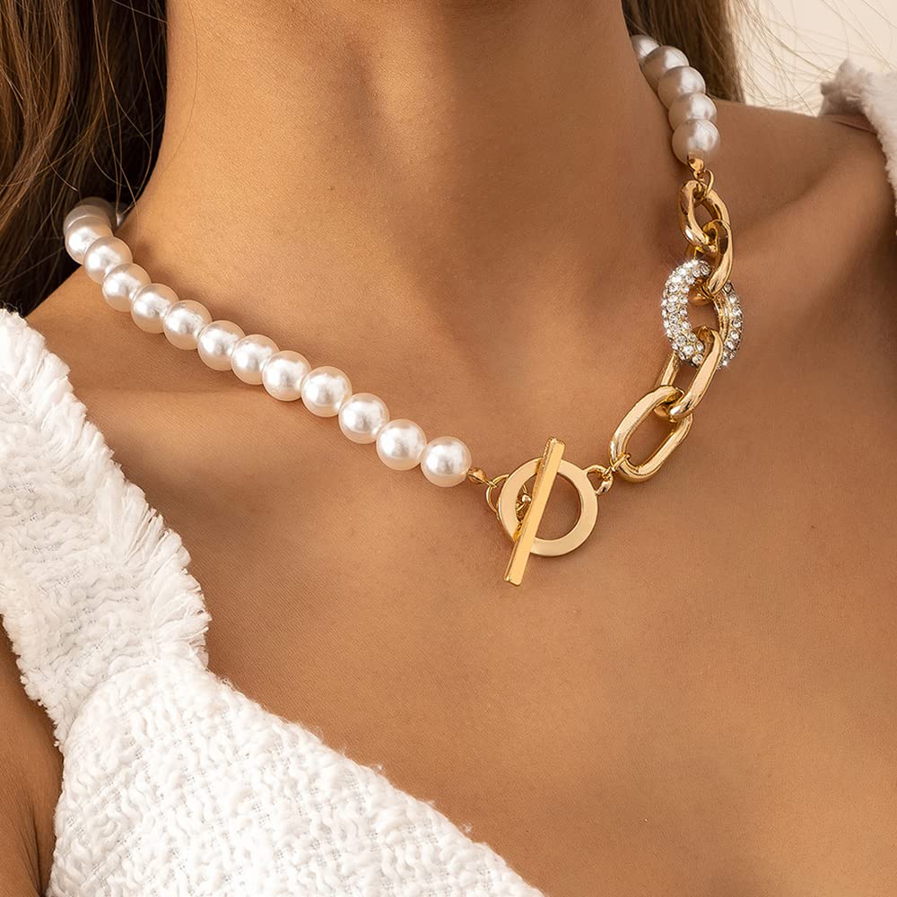 Rumtock Pearl Beaded Choker with Gold Toggle Clasp Tennis Cuban Curb Chain Glitter Fine Jewelry (Gold)
