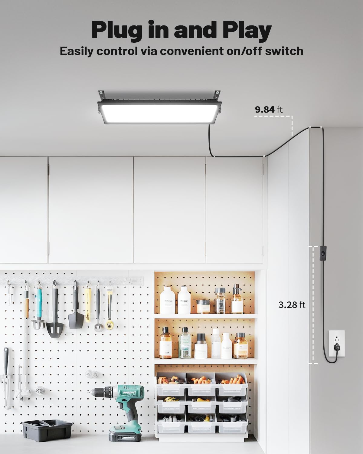 4 Pack Linkable LED Shop Light (Built-in Outlet) - 100W 15000LM Aluminum Plug in Garage Light w/ 9.84 ft Power Cord and On/Off Switch, 6000K Shop Lights for Garage, Workshop