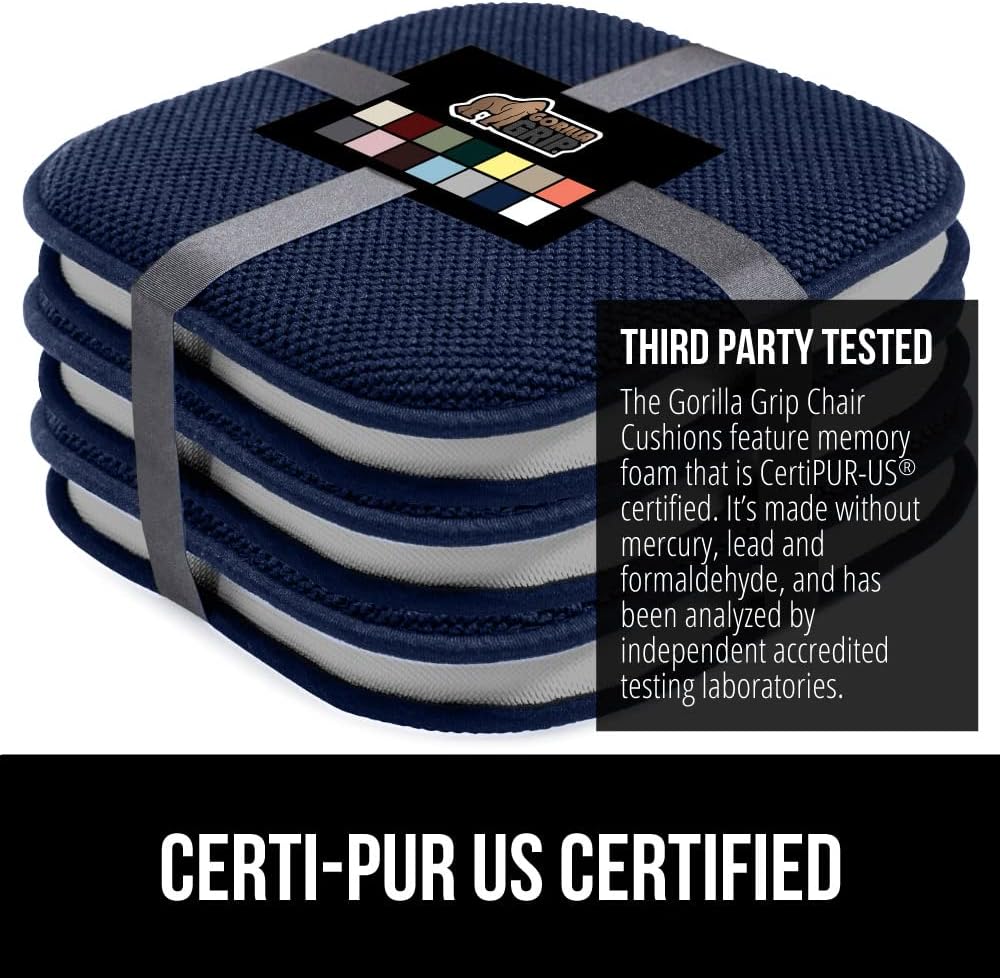 GORILLA GRIP Slip Resistant Chair Cushions, No Ties Required, Memory Foam Pads for Dining Room, Kitchen Table, Office, Rocking Chairs, Plush Seat Cover Cushion Pad, Home Decor, Set of 2, 16x16, Navy