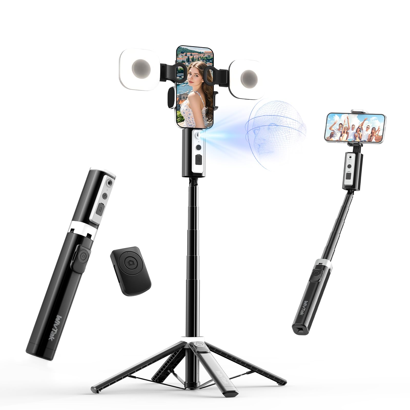 Treppiede per selfie per iPhone, rotazione a 360 gradi che segue il viso e il movimento (supporto 3 in 1 con luce a 2 anelli)