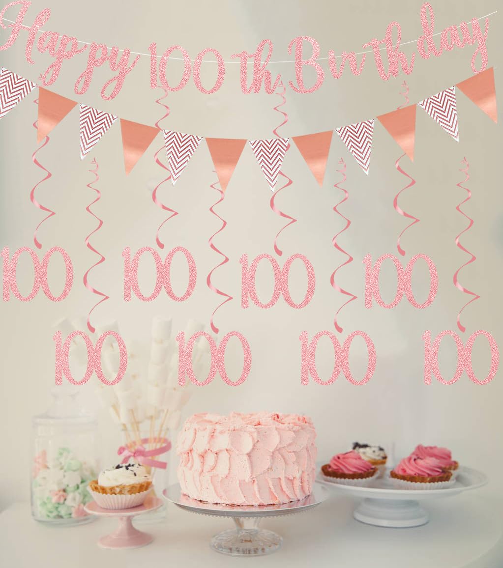 Elicola Festone per festa di 100° compleanno in oro rosa con scritta One Hundred Happy 100th Birthday con vortici appesi stelle filanti per donne compleanno anniversario forniture per decorazioni