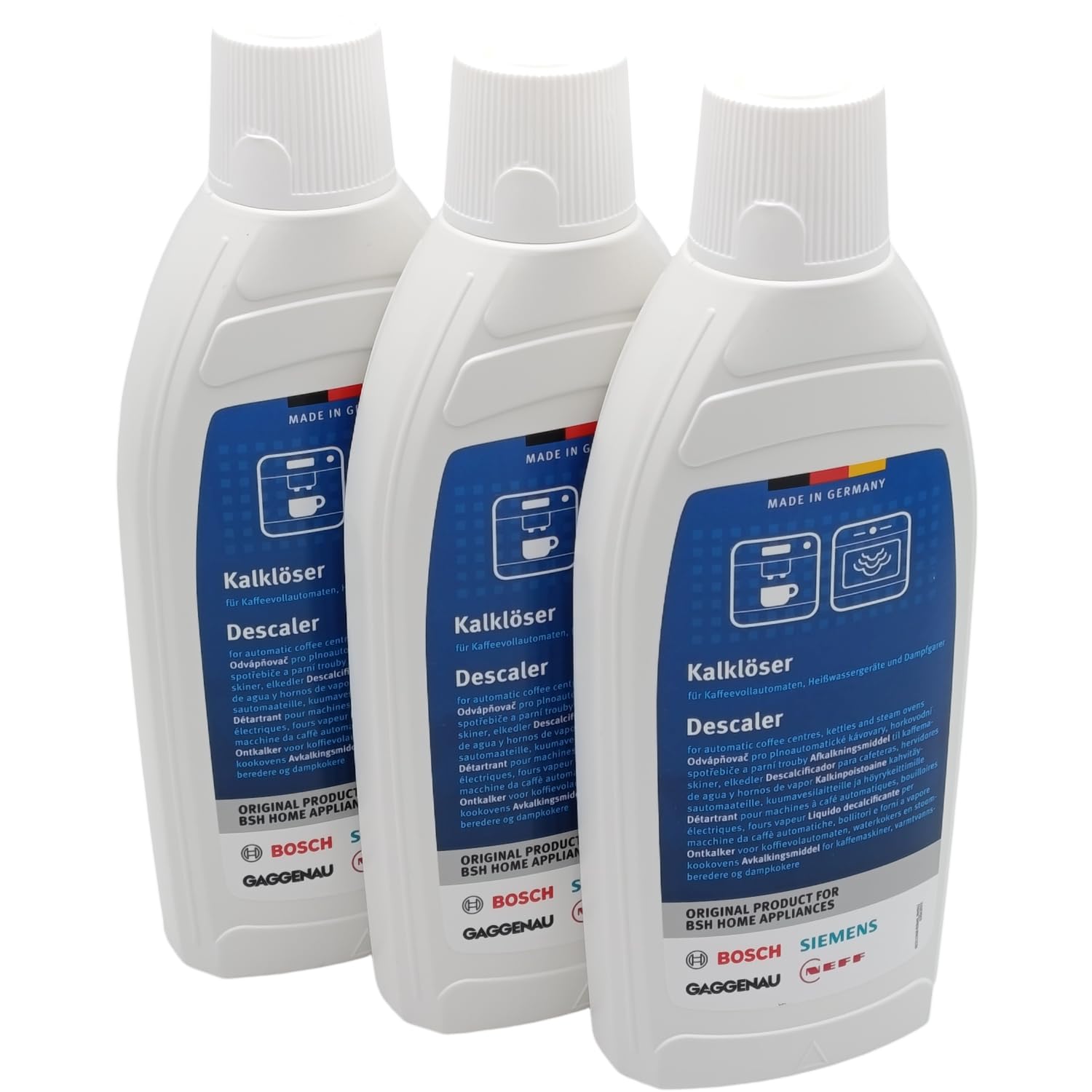 00312521 Flüssigentkalker Kalklöser (3 Stück), je 500 ml, kompatibel mit Bosch Siemens Kaffeevollautomaten, Dampfgarer, Dampfbackofen, Heißwassergerät, Wasserkocher, Vorratsset Weiß