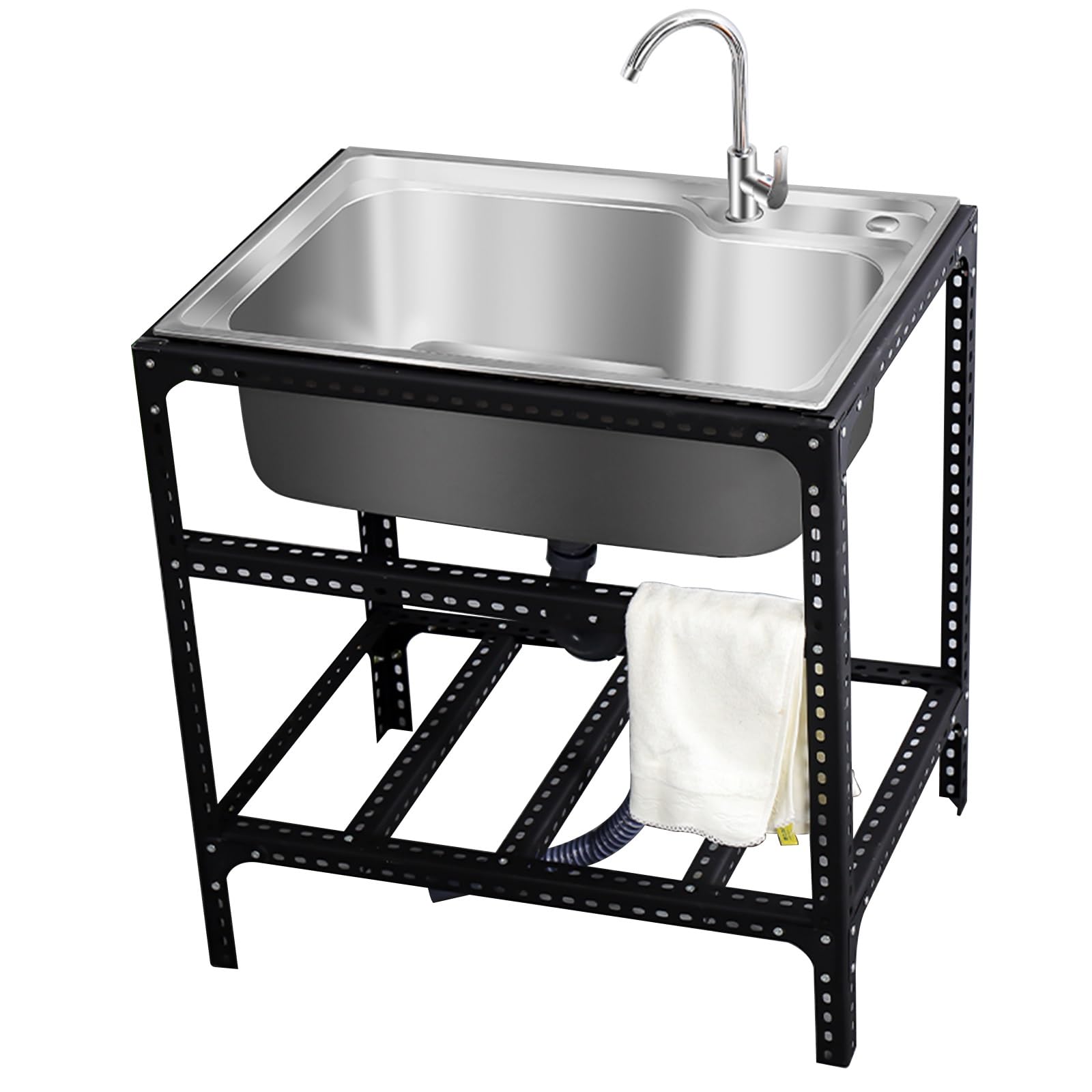 TAXXII Stainless Steel Free Standing Utility Sink Outdoor Garden Single Trough Kitchen with Black Bracket & Drain Pipe Ideal for Patio Garage Dining Room Commercial Use