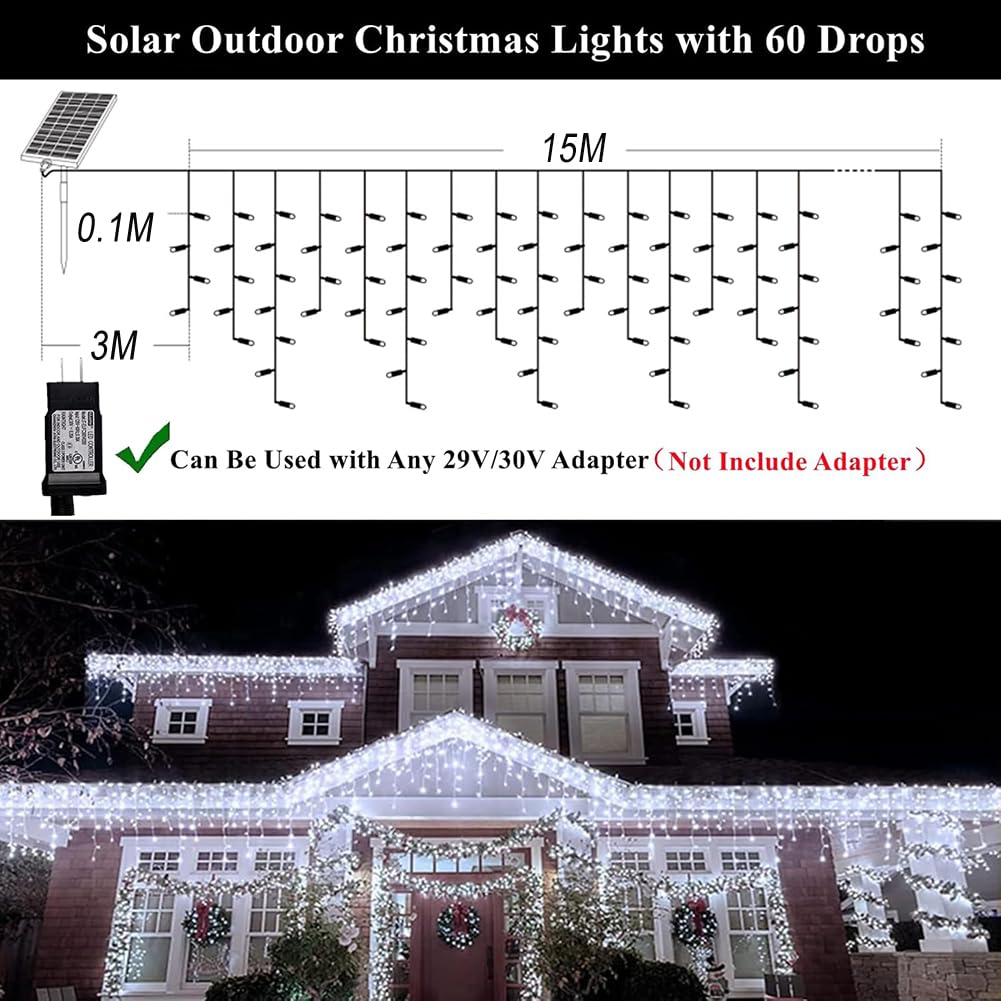 3 IN 1 Solar Eisregen Lichterkette Außen, Wasserdichte Vorhang Lichter 8 Modes LED Beleuchtung Außen, String Lichter mit Fernbedienung Mit Timer und Speicher Wasserdicht Solarlampe,6000k,15M