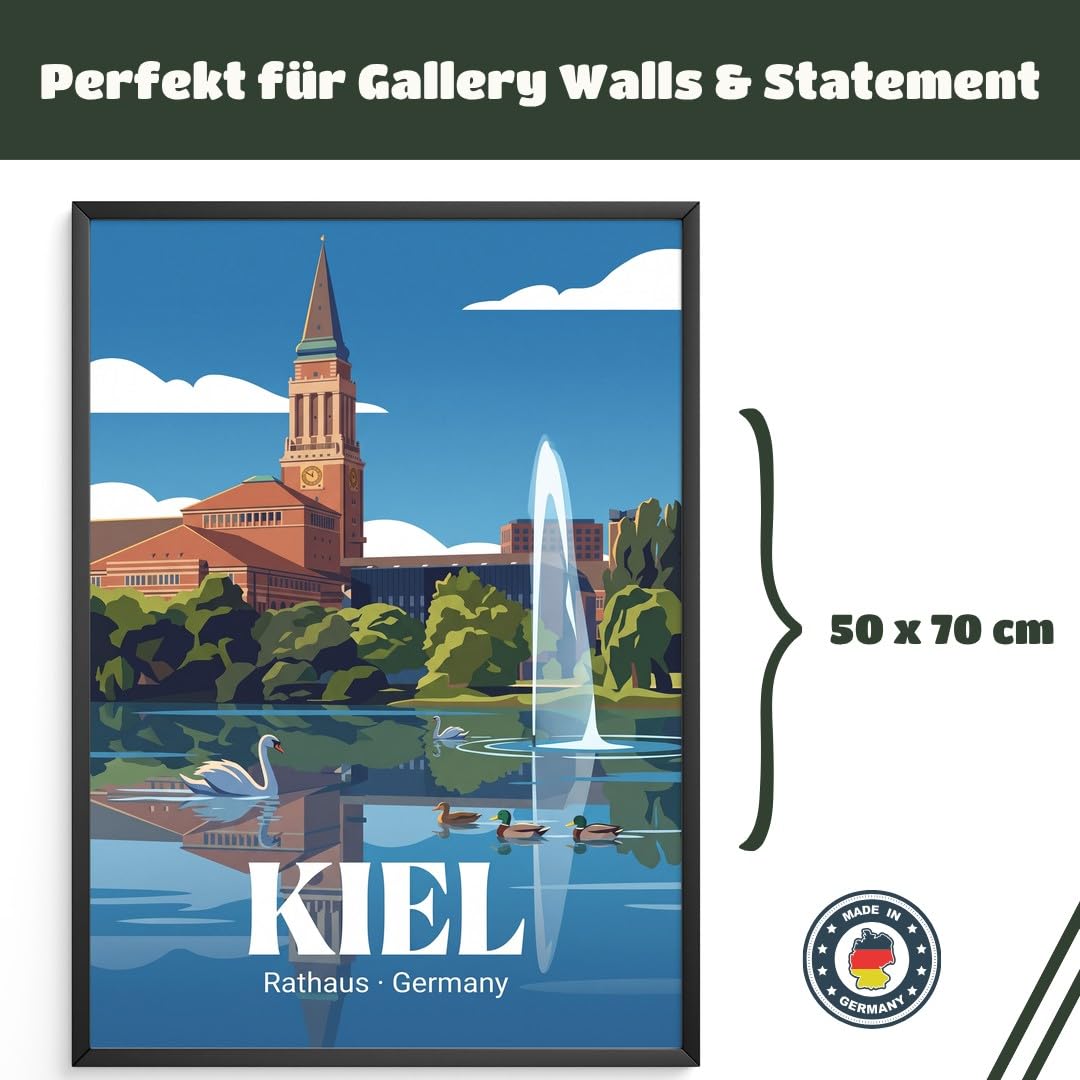 MJ-GRAPHICS® Poster Kiel Rathaus Wandbild Architektur Kunstdruck minimalistisch Blau Beige Wohnzimmer Stadtansicht Deko Büro Bilder urban in Deutschland 50x70 mit weißem Rahmen