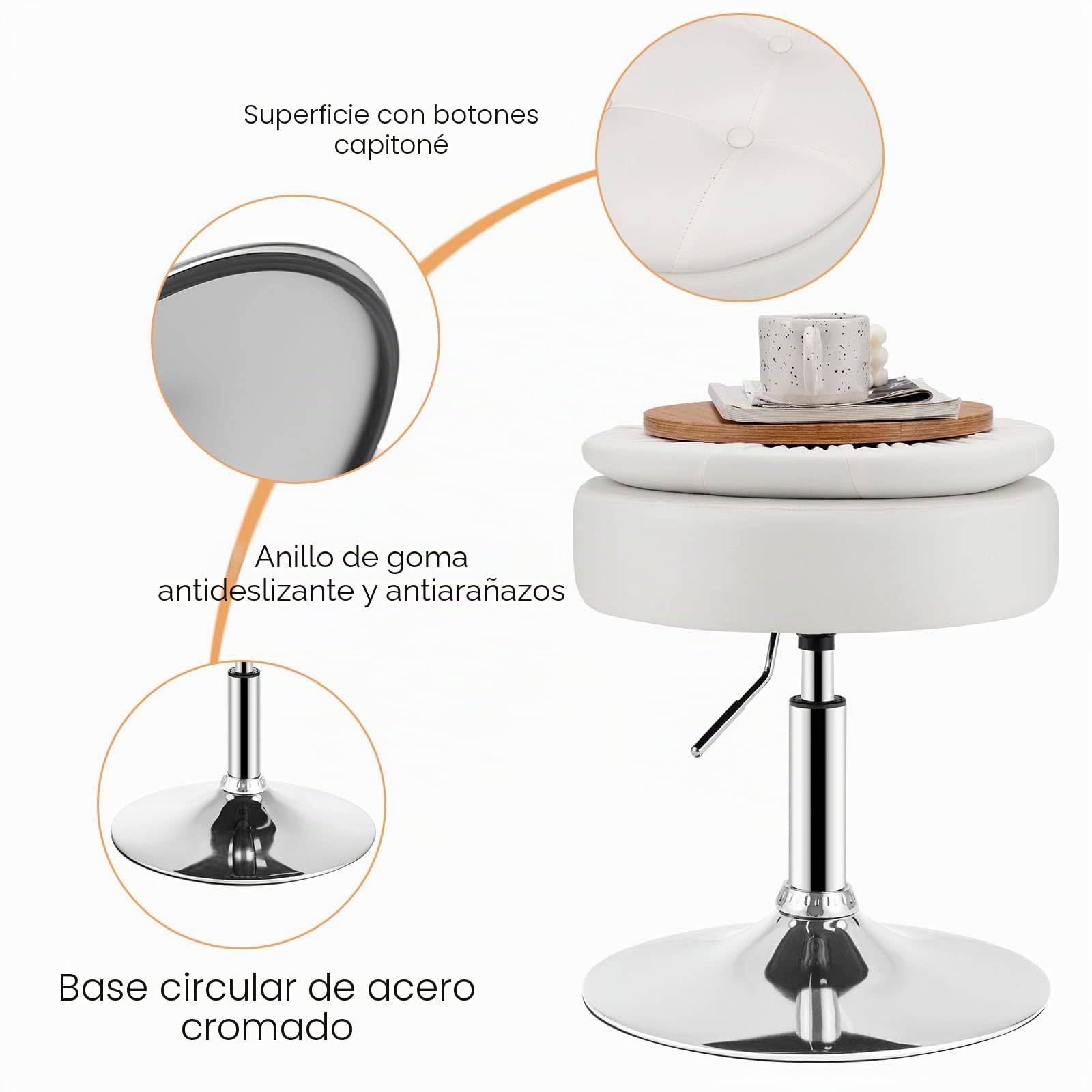 LIFEZEAL Taburete de tocador, Silla de Bar de Piel sintética, Taburete Giratorio con Altura Ajustable de 51 a 66 cm, Taburete de Bar Redondo con Almacenamiento Oculto para Dormitorio, salón(Blanco)