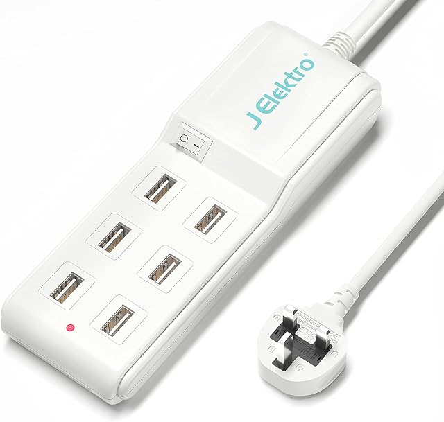 J Elektro USB Hub Extension Lead ,6-Port USB Power Supply Desktop Charging Station Hub with Surge Protector, Charger Socket with 5V/7.1A Charger Adapter UK Plug with 1.5M Extension Lead-White