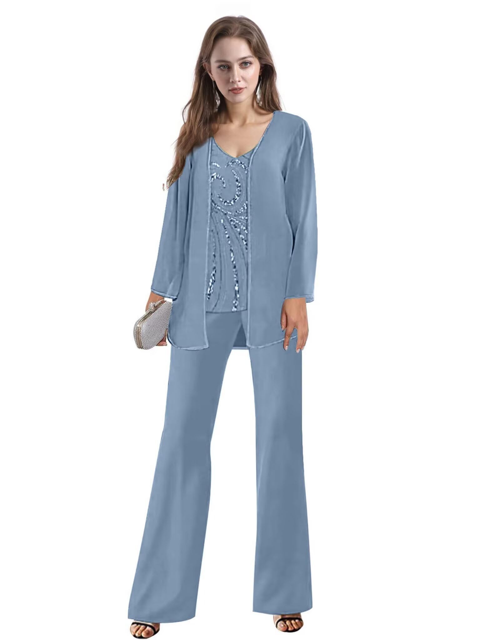 Mother of The Bride Pant Suits 3 Pieces with Chiffon Sequin for Women Wedding Guest Evening Party Gowns