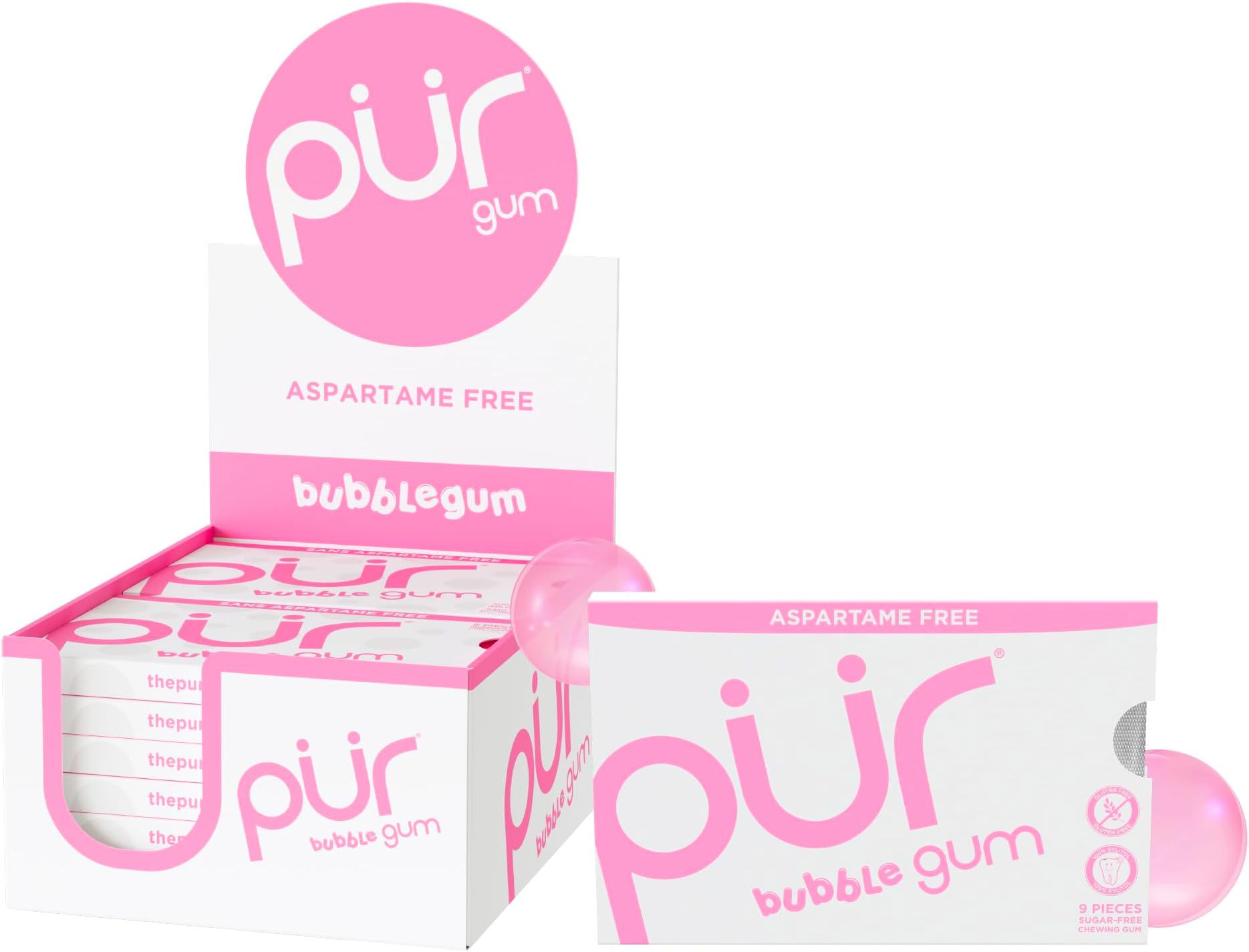 PUR Gum 100% Xylitol Chewing Bubblegum, Sugar-Free + Aspartame Free, Vegan + non GMO, 9 Count (Pack of 12)