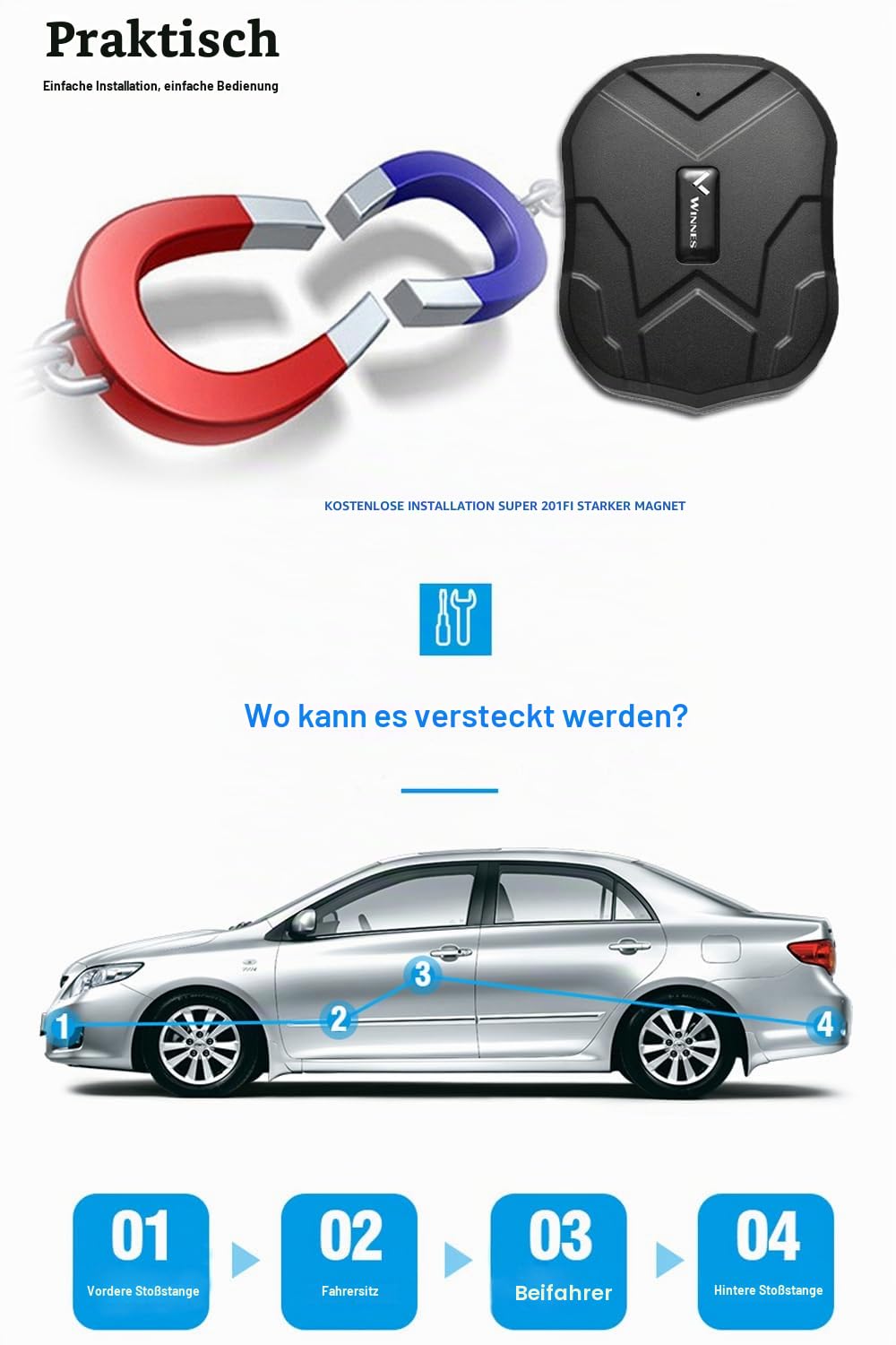 Winnes GPS-Tracker fürs Auto ohne Abonnement, magnetischer Fahrzeug-GPS-Tracker 4G, Keine monatliche Gebühr, Lange Lebensdauer kabelloser Android iOS Auto-Tracker großer Akku, mehrere Warnungen