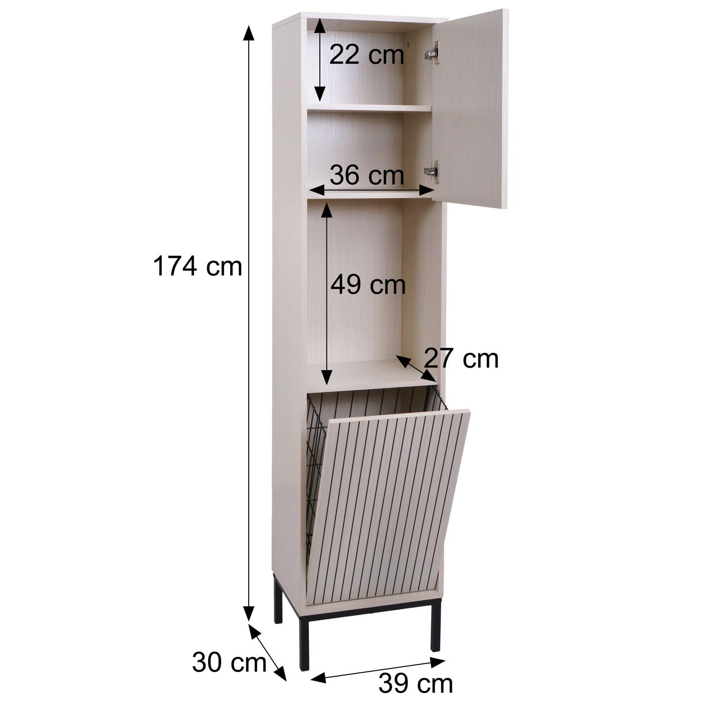 Mendler Hochschrank HWC-O42, Badschrank Badregal Badezimmer Schrankfächer Wäschekorb, MDF Melamin 174x39x30cm - Holzoptik Natur