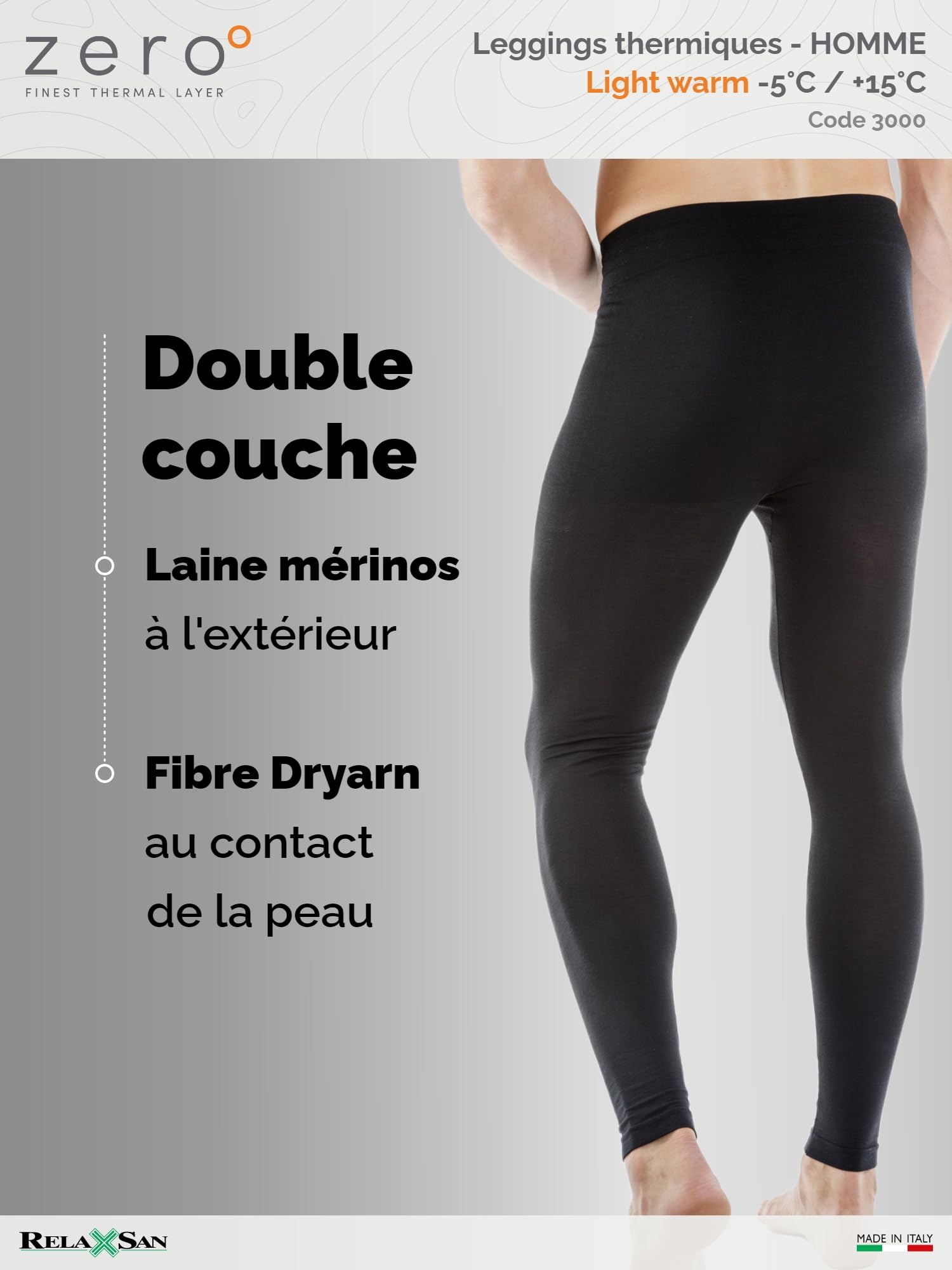 Relaxsan Zero 3000 – Pantalon Collant Thermique Homme caleçons Long sous-vêtements Respirant en Fibre Dryarn et Laine Mérinos
