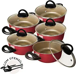 Jogo de Caçarolas 05 Peças Cereja com Tampa de Vidro + Utensílios