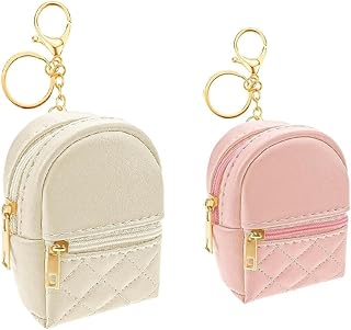 GQ 2PCS Mini Backpack Cosmetic Bag Keychain PU Leather Lipstick Holder Cute Case Coin Purse Wallet Card Holder Data Cable Organizer Zipper Pouch Portable Travel Storage Bag for Women(Beige+Pink)