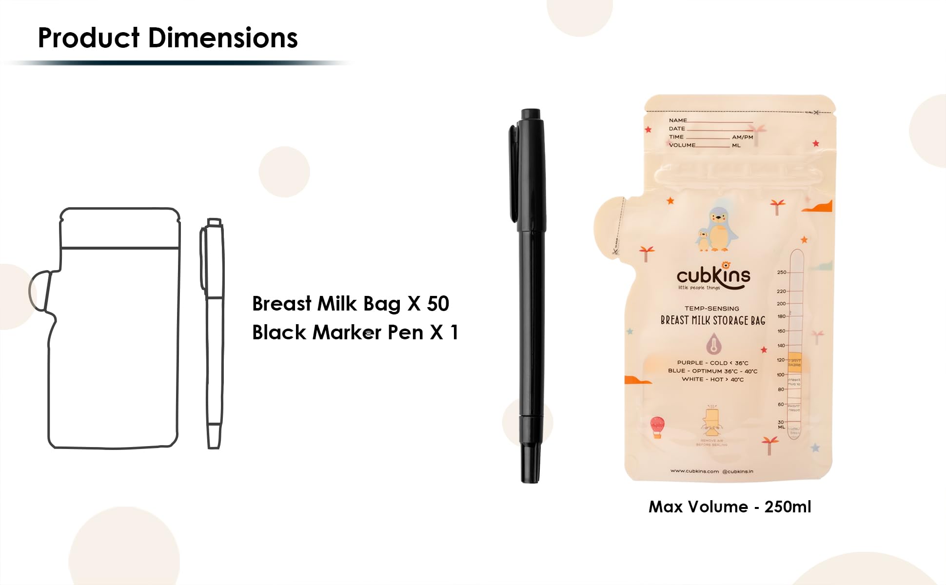 CUBKINS Breast Milk Storage Bags (Pack of 50), Pre-Sterilized, Smart Temp Sensor, BPA Free, Single Use, Leak Proof Double Zip, Separate Fill & Pour Spouts, 250 ml Capacity, Marker Included,Multicolor - Image 8 thumbnail
