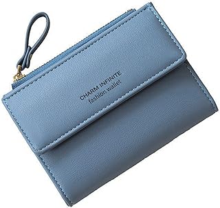 Bifold Leather RFID Blocking Wallet for Women Mini Ladies Purse with Coin Pocket, with Zipper Buckle, Credit Card Holder Coin Purse PU Small Short Wallet (Blue)