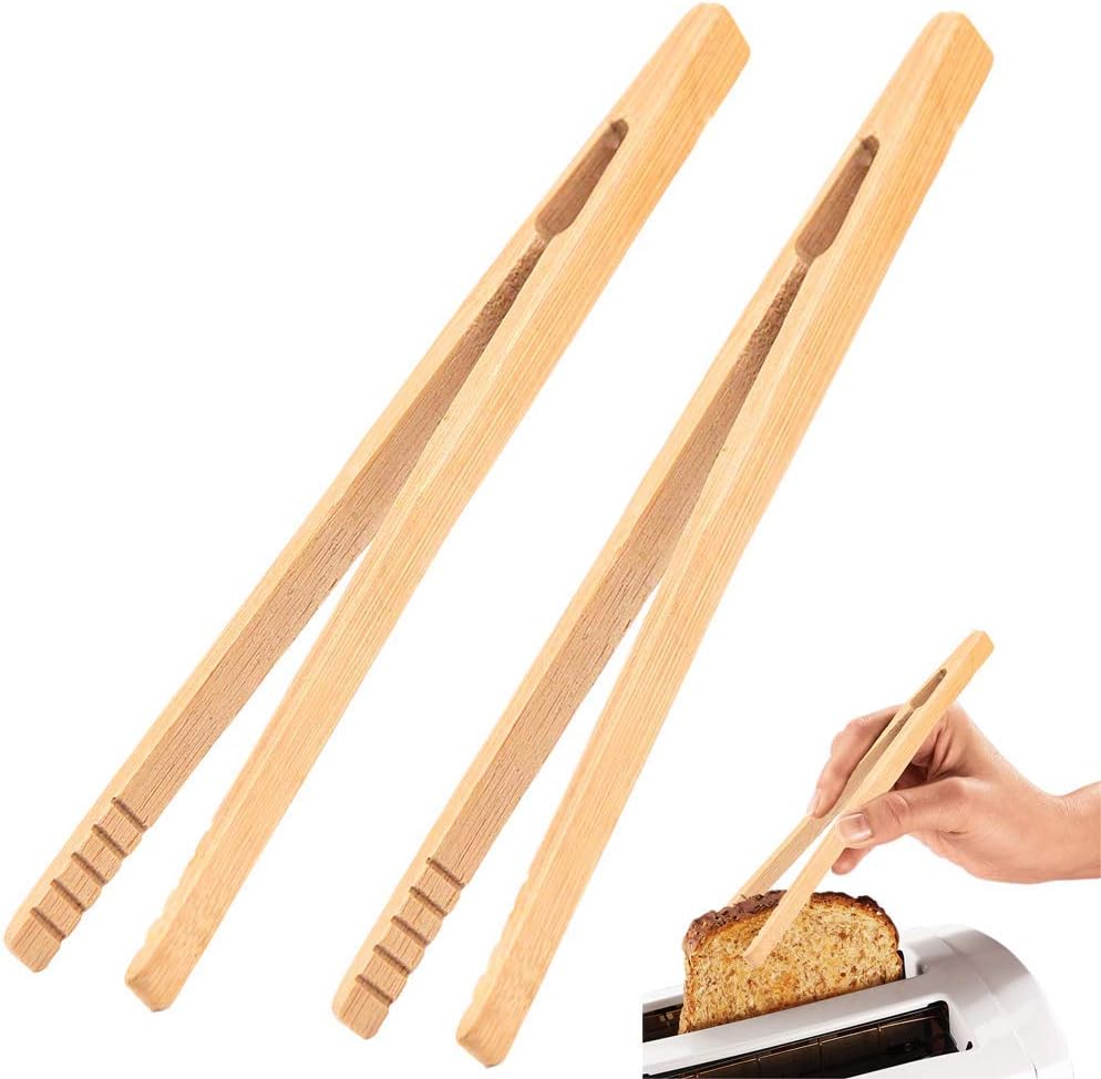 Toaster Tongs, QMOEH Toast Tongs 2pcs For Toast, Fruits, Bread & Pickles, 7 Inch Natural Bamboo Tongs