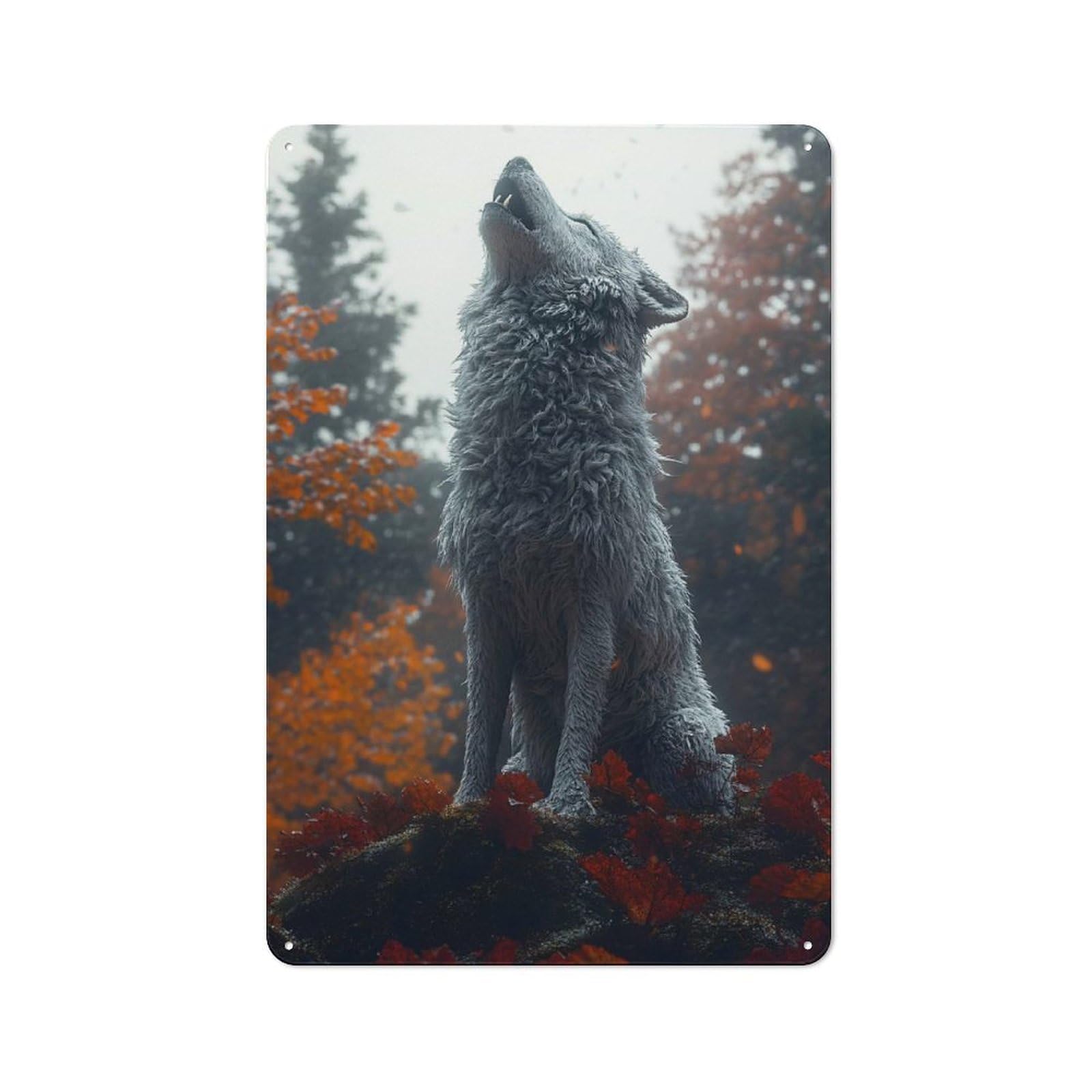 Junmoney Style-5 Shop Front Style Howling Wolf In Autumn Forest Cafe Metal Sign 30X20cm, Bistro Wall Plaque For Tea Room, Shop Wall Or Breakfast Area