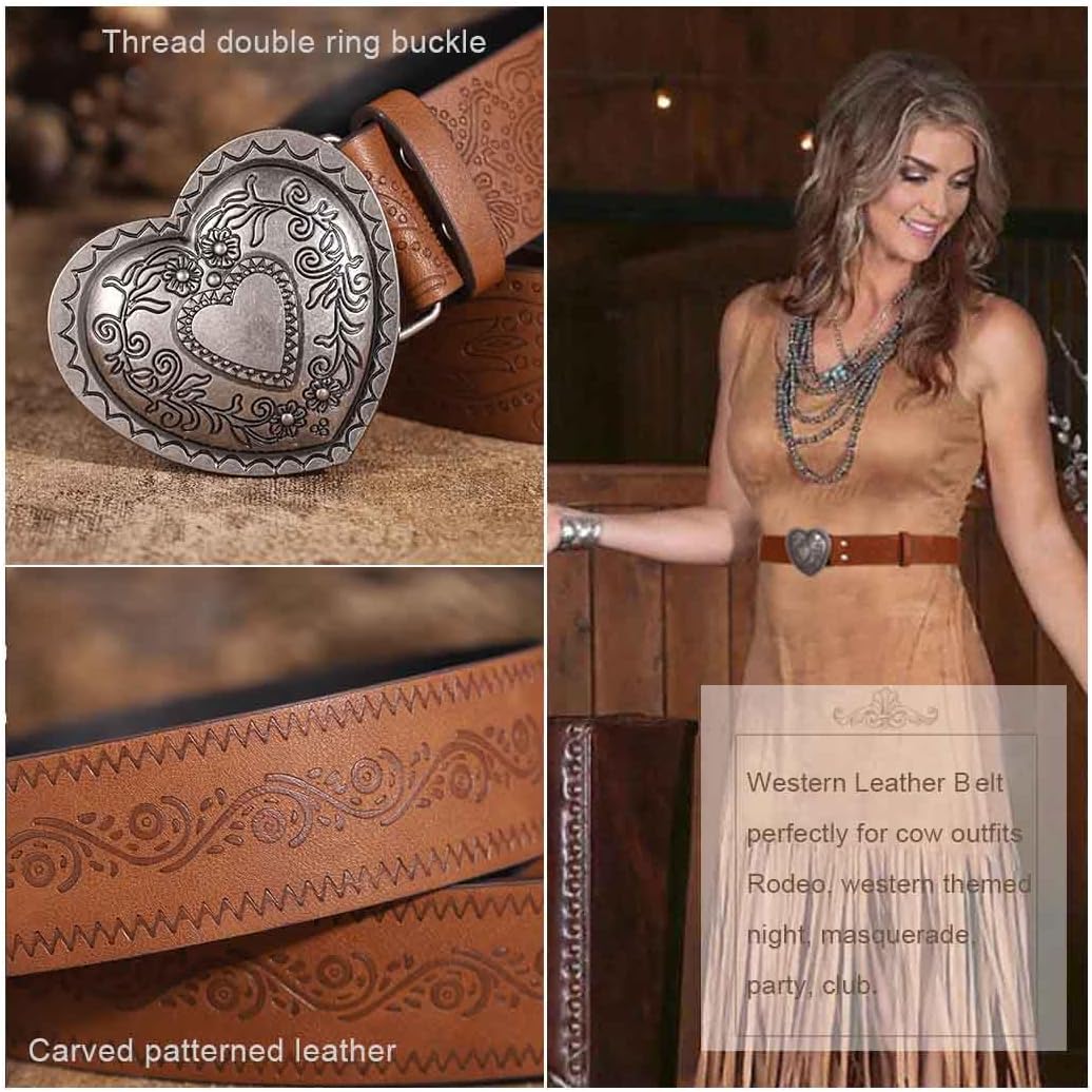 Yalice Western Leather Belt for Women Men Y2K Cowgirls Cowboys Belt with Heart Buckle - Image 4