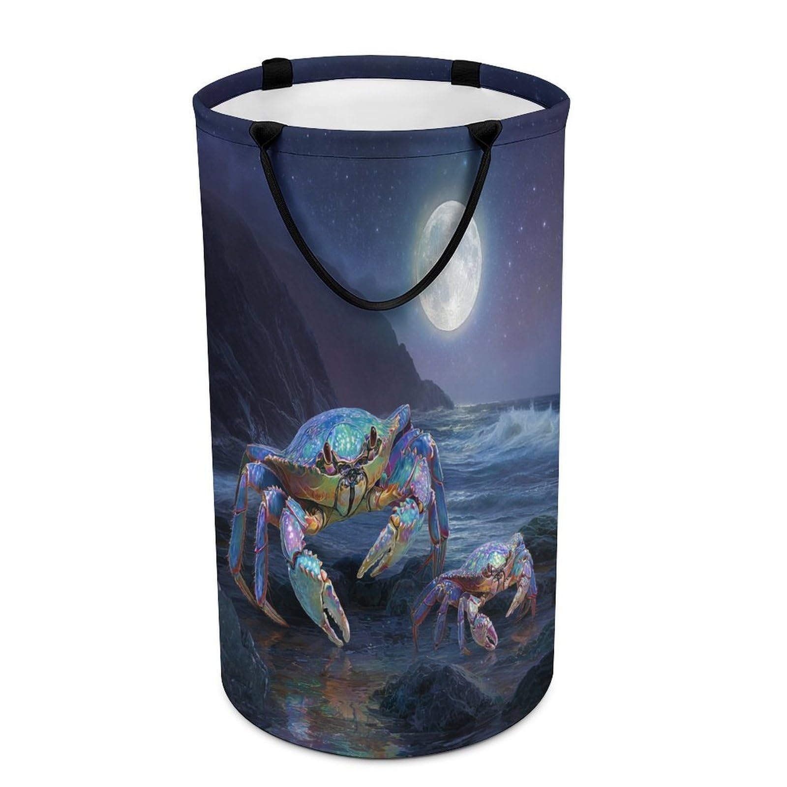 LUYYSKY Cute Colorful Animal Crab Collapsible Dirty Clothes Basket, Retro Oil Painting Full Moon Galaxy Seaside Beach Sea Life Crab Portable Clothes Storage Laundry Basket-40 CM Dia, 69 CM High