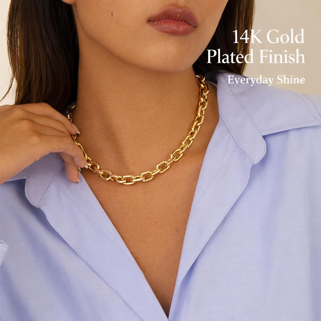 Gold Necklace for Women - Chunky 14K Gold Plated Chain Necklace Cuban Link Paperclip Chain Herringbone Statement Choker Necklace for Women Simple Trendy Jewelry Gifts - Image 3