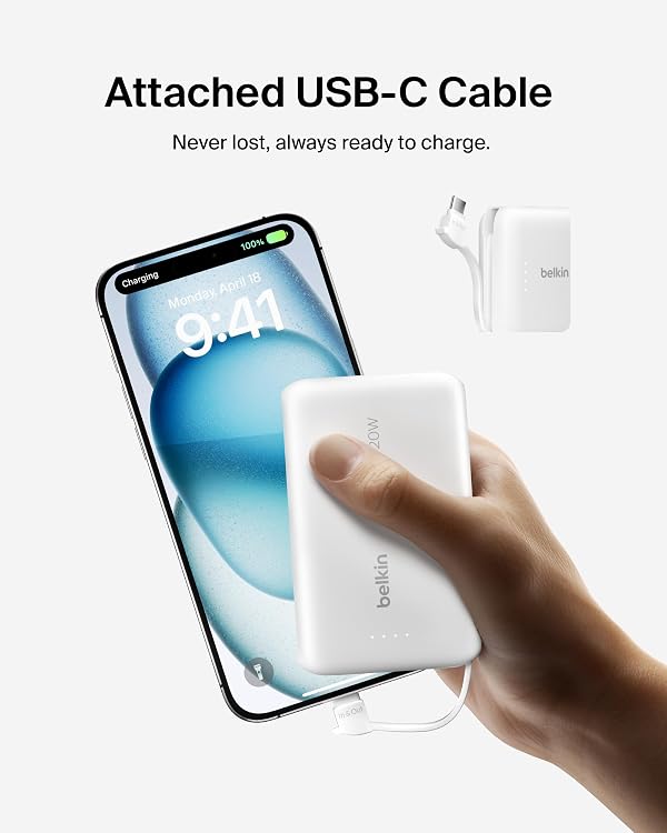 Belkin Portable Charger Power Bank USB C, 10000 mAh w/Integrated Cable, 20W Fast Charge USB-C Power Delivery, iPhone Charger, Apple iPhone 17, Air, Pro, Pro Max, iPad, Samsung Galaxy S25 - White by Belkin - Image 9