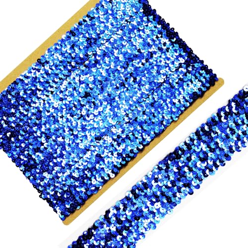 Length 5Yards，Wide 1.9 Inch Royal Blue Elastic Sequin Ribbon Trim for Sewing Dress Dance Costumes Headband (Royal Blue)