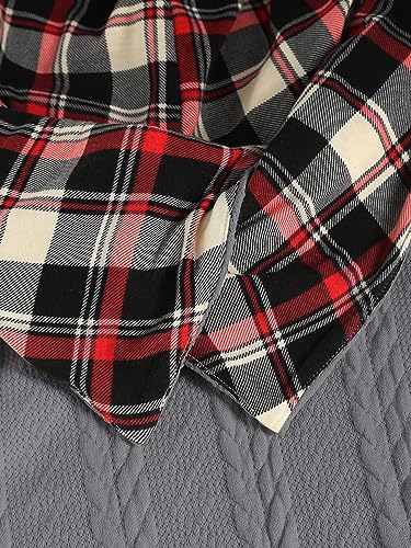 Image of ZEZCLO Women's Twisted Cable Knit Plaid Print Hooded Sweater Mock Button Ruched Shawl Neck Knit Top