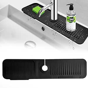 Koureik 24 inch Long Kitchen Sink Splash Guard, 5°Slope Fast Draining Silicone Sink Faucet Mat for Kitchen Sink Protector, Black