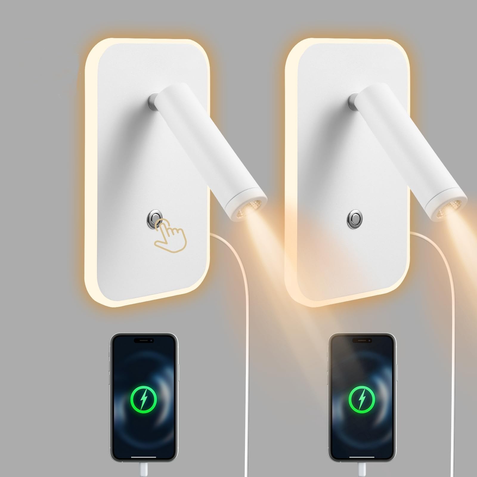 lampara cabecero cama 3W+9W 3000K, luz de lectura pared con Interruptor de Atenuación Continua y Puerto de carga USB, aplique mesa de cabecera Lámpara de Noche para Dormitorio Hotel(Blanco, 2 piezas)