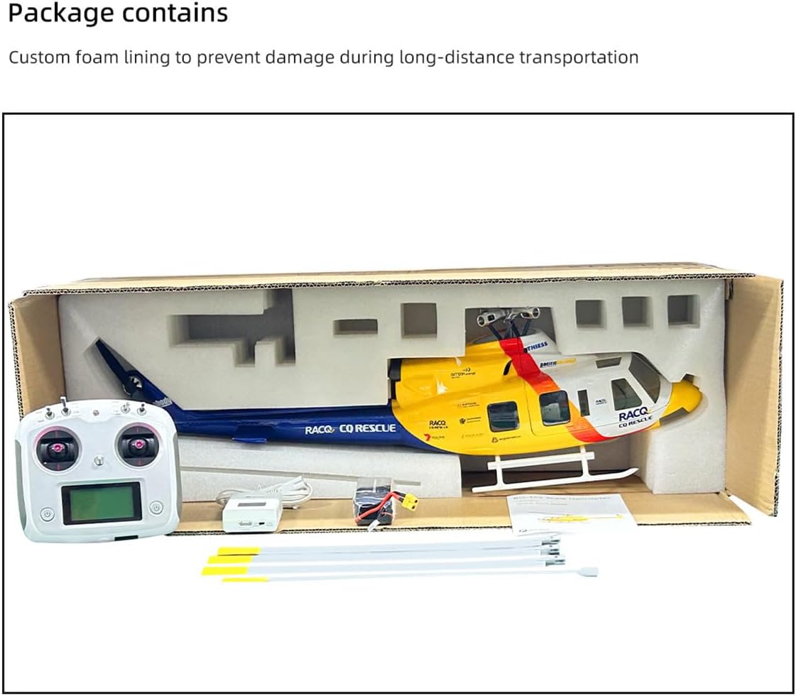 Package contents of the FLYWING BELL-412 RC Helicopter, showing the helicopter, transmitter, battery, charger, tools, and manual neatly packed in a box.