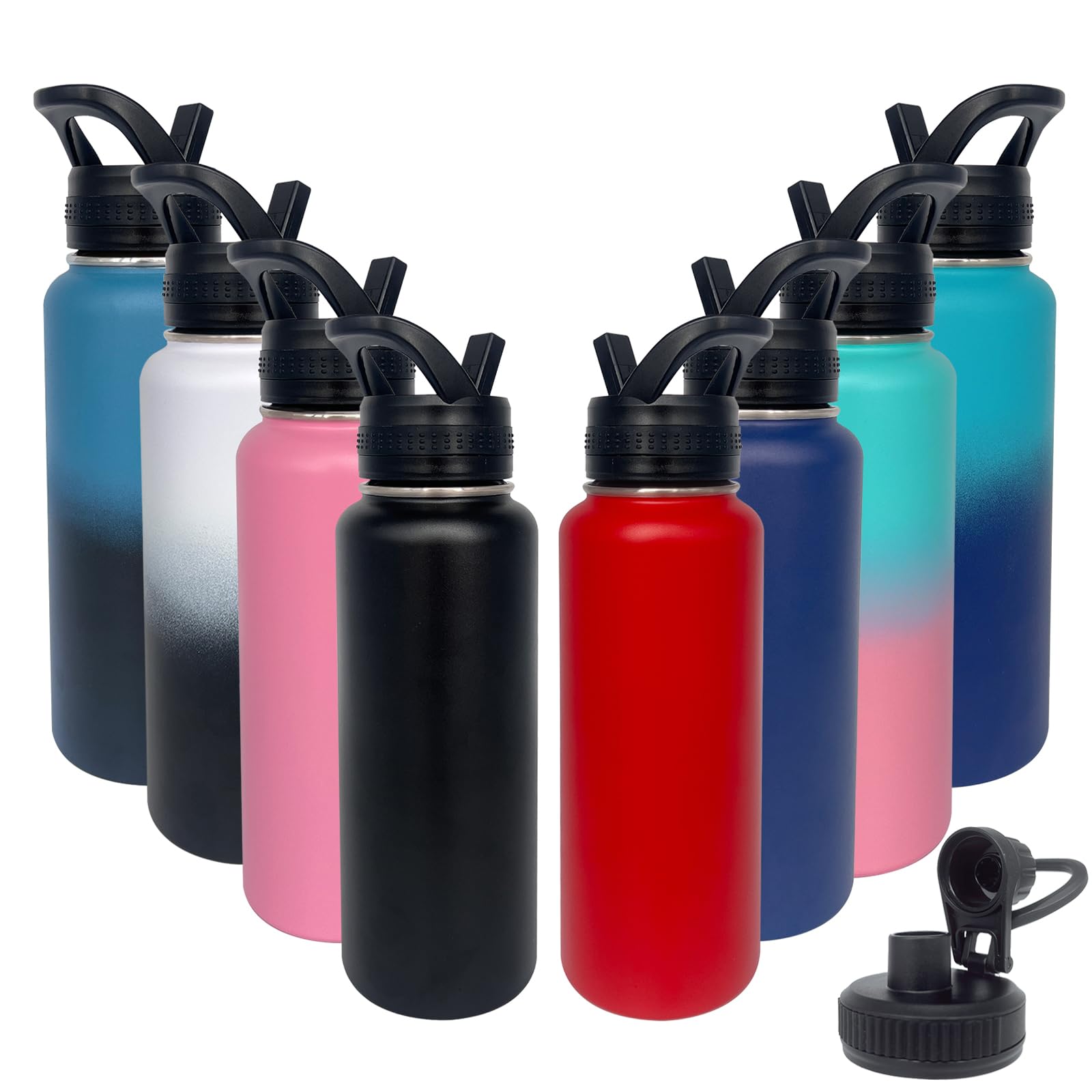 Paquete de 8 botellas de agua aisladas de 40 onzas con popote, botella de agua deportiva de acero inoxidable con 2 tapas, taza térmica de viaje de boca ancha, combinación de colores