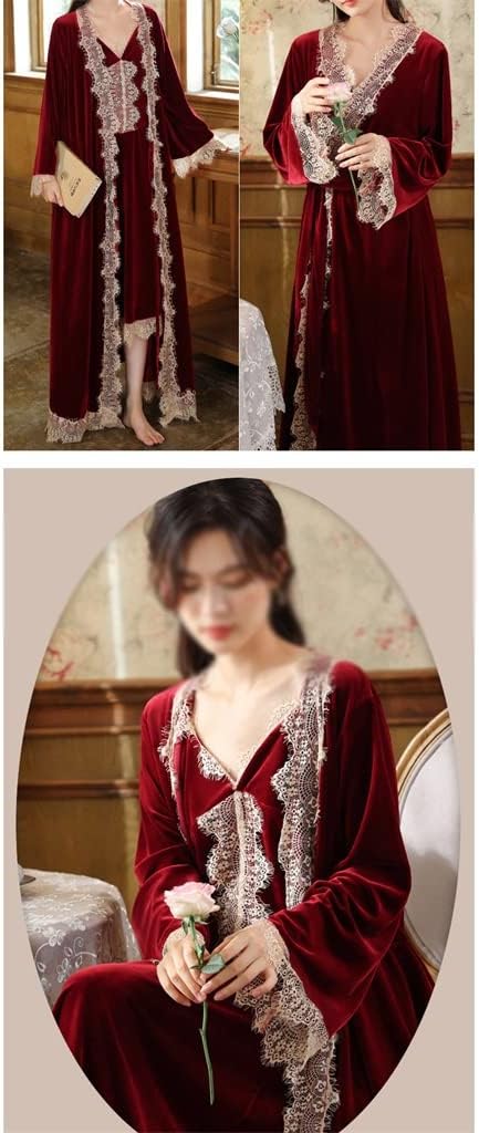 Women's Velvet Pajamas Two-piece Autumn And Winter Warm Robe Set Sexy Lace V-neck Pajamas