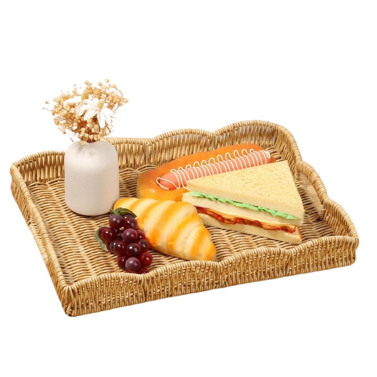Imitation Rattan Tray Vintage Rectangular Serving Decorative Tabletop Baskets For Bread Fruit Kitchen for Home(Beige)