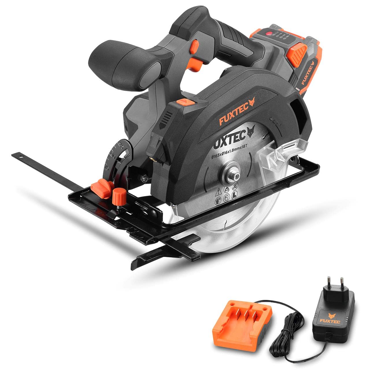 FUXTEC Akumulatorowa ręczna pilarka tarczowa 20 V FX-E1CS20-SET – brzeszczot Ø 165 mm / głębokość cięcia 38-55 mm / regulacja kąta cięcia – piła tarczowa w zestawie akumulator litowo-jonowy i ładowarka